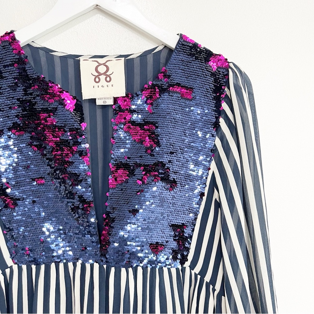 FIGUE Sequined Silk Mini Tunic Dress Blue Stripe Size Medium - Picture 3 of 11